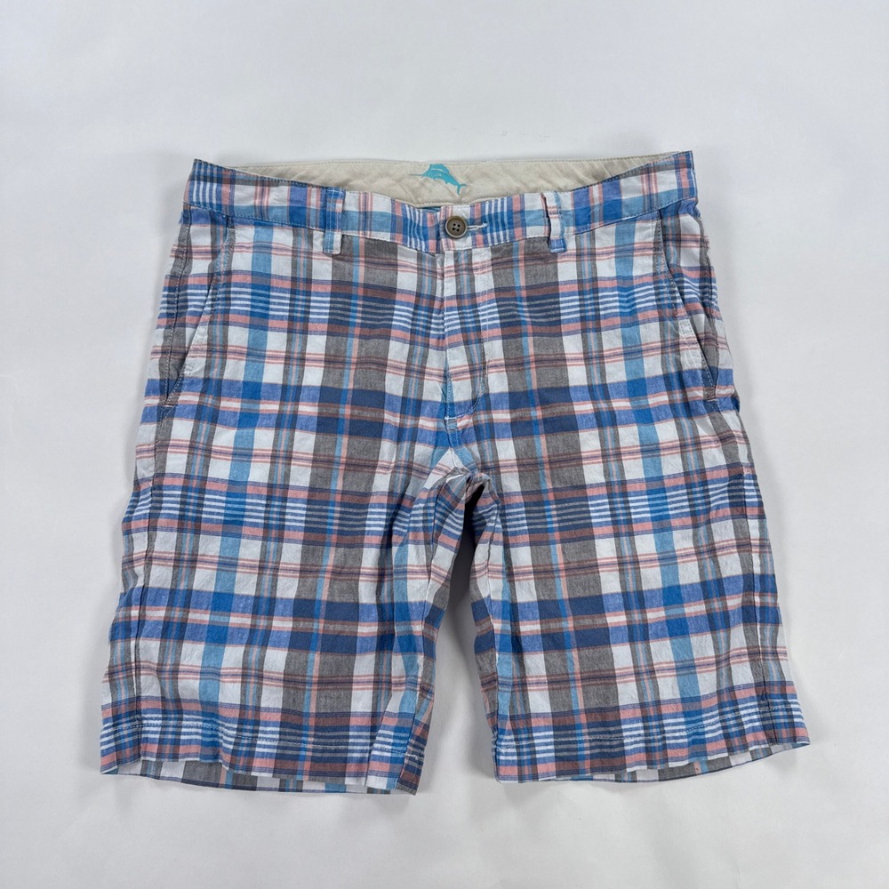Tommy Bahama Mens Shorts 32 Blue Pink Plaid Linen Blend Flat Front Coastal